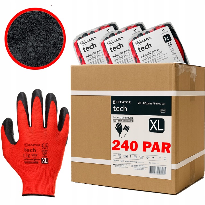 Pracovní Rukavice Latex Red Black Mercator Odolné Stahovací pásky vel. XL 240 párů