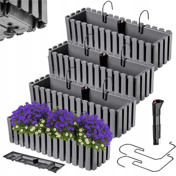 4x Balkonový Truhlík Květináč 60 cm Květináč S Úchytkami Závěsný Balkon Šedý