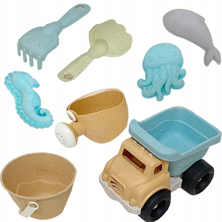 ZESTAW DO PIASKU PIASKOWNICY WIADERKO FOREMKI ŁOPATKA KONEWKA 8 el. WOOPIE