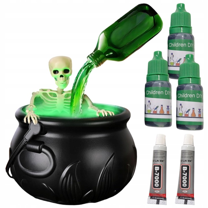 Halloweenský kotlík s mlhou, kostlivec, potiony, dekorace