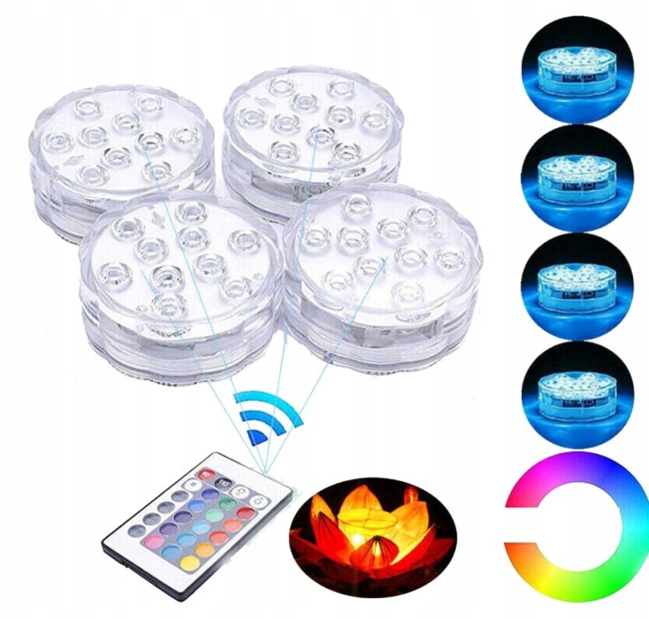 4 ks 10 Led diod Rgb ponořitelných lamp s možností nastavení 16 barev IP68