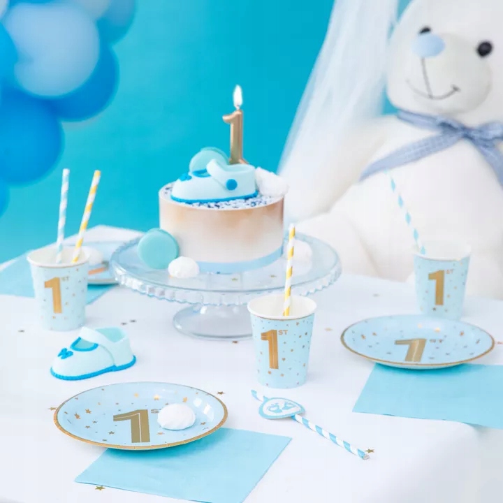 Тарілочки паперові блакитні золоті рочок 1 день народження 1ST BIRTHDAY 6 шт. 18 см — фото 6