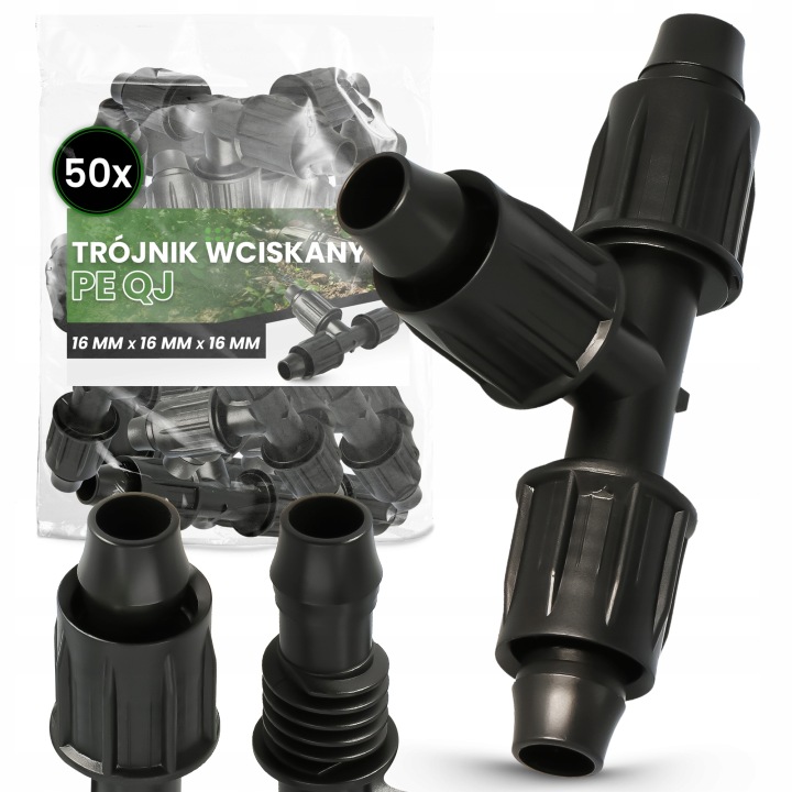 50 x T-rozdělovač Pe Qj 16x16 Stiskací Spojka pro kapkové zavlažování vody 9A-T