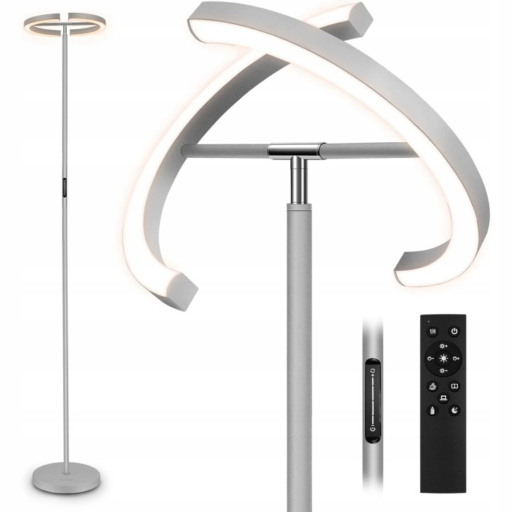 Stojací Led podlahová lampa stříbrná do obývacího pokoje s dálkovým ovládáním a flexibilní lampičkou