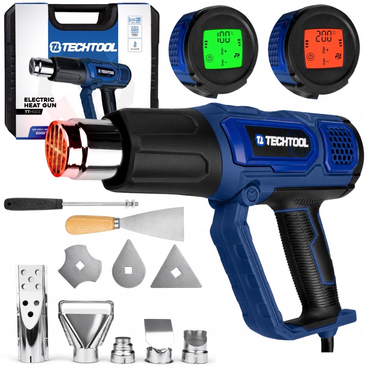 Horkovzdušná Pistole 2000W Dotykový LCD Displej 6RYCHLOSTNÍ Trysky Techtool