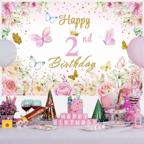 Банер на день народження HAPPY 2ND BIRTHDAY квіти тканина плакат декорація дівч. — фото 3
