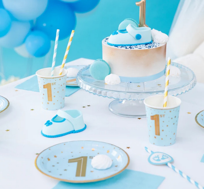 Тарілочки паперові блакитні золоті рочок 1 день народження 1ST BIRTHDAY 6 шт. 18 см — фото 2