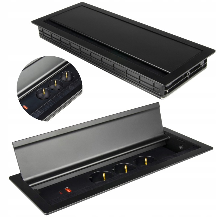 Nábytková Zásuvka Zapuštěná Do Desky Trojitá 230V Černá 2x Usb S Kartáčem