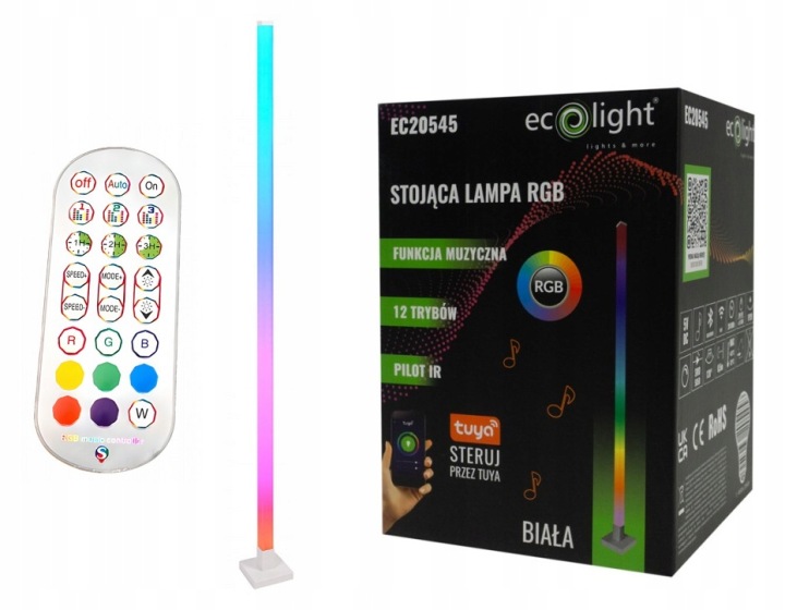 Stojací lampa Rgb Hudební Bílá Rohová Dálkový Ovladač Aplikace Tuya