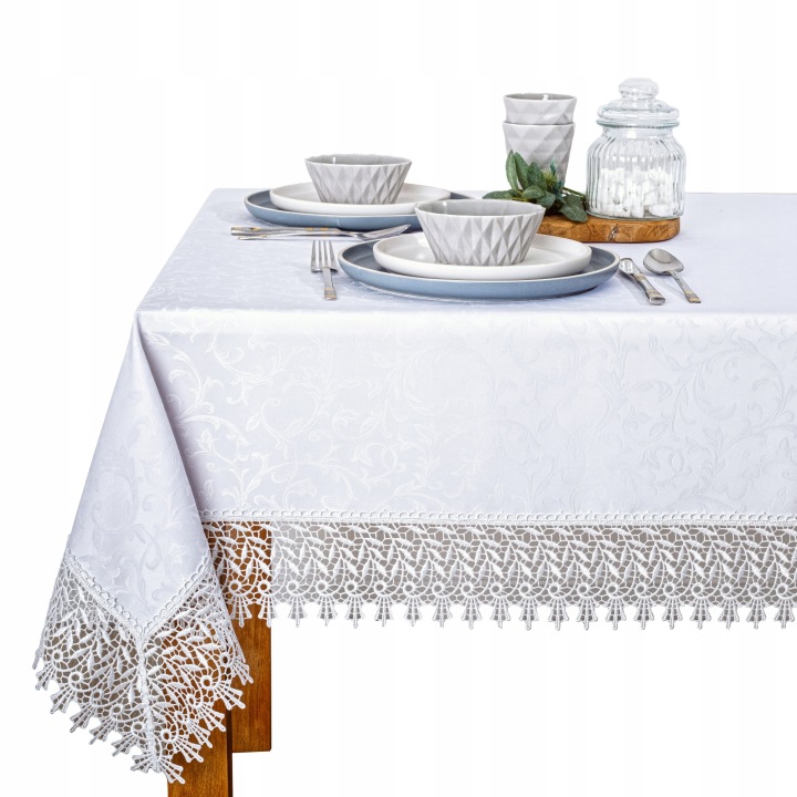 Bílý ubrus odolný proti skvrnám s Gipiurou 11 cm Elegantní Ares G1111 120x280 cm