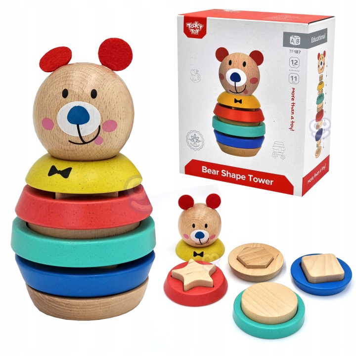 TOOKY TOY MIŚ PIRAMIDKA UKŁADANKA DREWNIANA MONTESSORI SORTER Wiek dziecka 12 m +