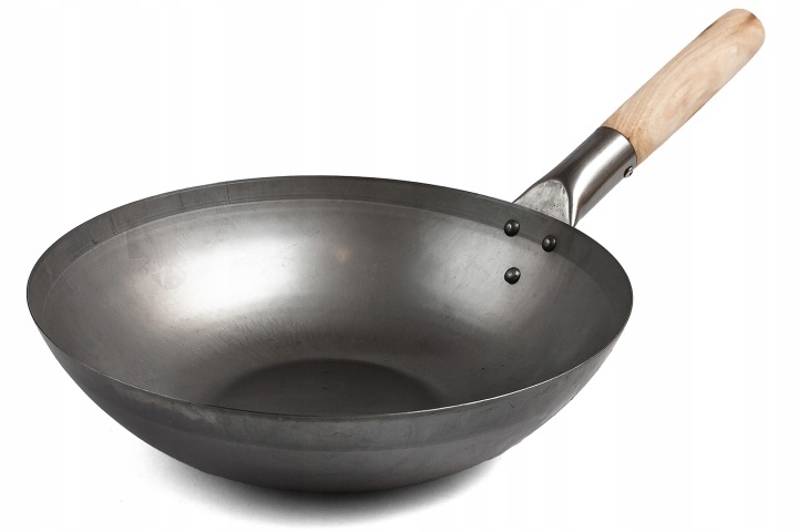 Pánev Wok 30 Ocel Uhlíková Ploché dno dřevěná rukojeť rychlé smažení