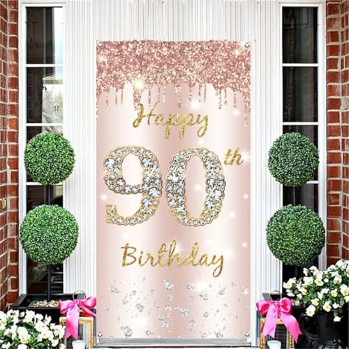 Банер на день народження HAPPY 90 BIRTHDAY рожевий золотий декорація на свято — фото 4