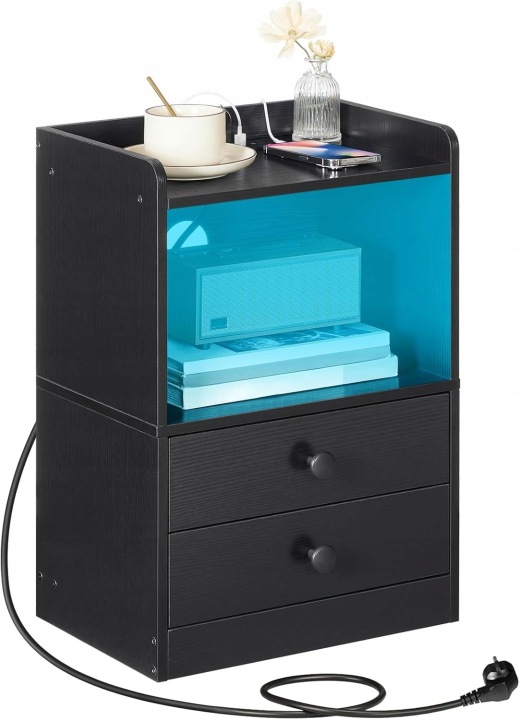 Noční Stolek S Led Nabíjecí Stanicí, 2 Zásuvky, Černý