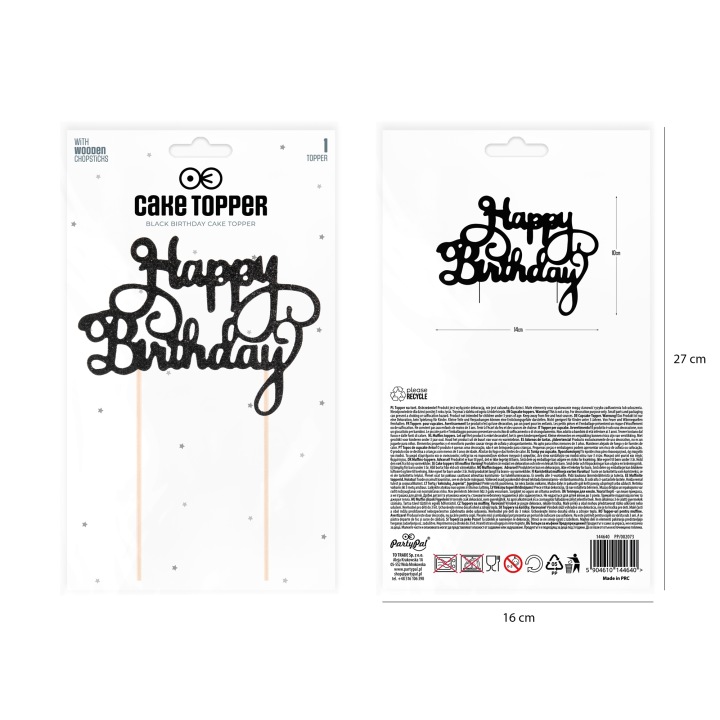 Топпер на Торт День народження Чорний З блискітками Декорації Happy Birthday — фото 2