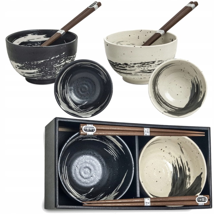 Sada orientálních misek 13 cm s paličkami, černobílá, na polévku Edo Japan