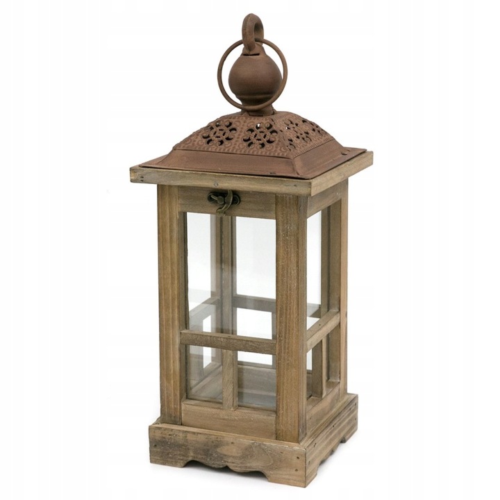 Lampion hnědý dřevěný kovový v. 40 cm s držadlem retro