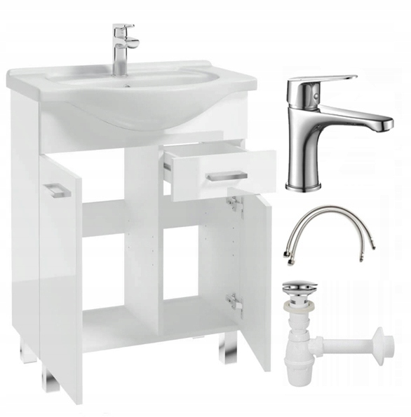 Stojací koupelnová skříňka s umyvadlem a baterií a sifonem 55 cm, bílý lesk