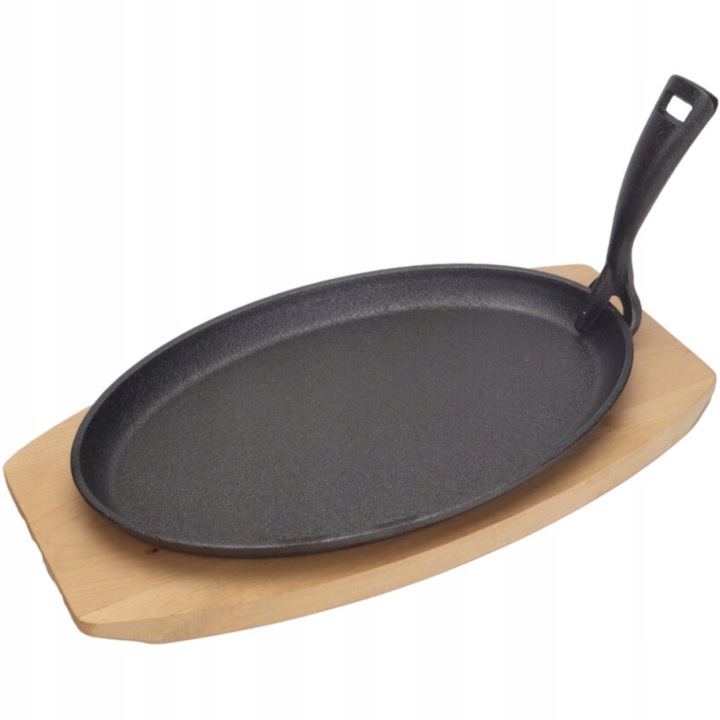 Litinová mísa s dřevěnou rukojetí o rozměrech 280 x 140 mm