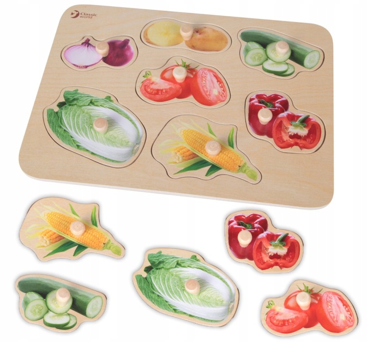 UKŁADANKA DREWNIANE KLOCKI PUZZLE PINESKA KSZTAŁTY MONTESSORI WARZYWA 9 el.