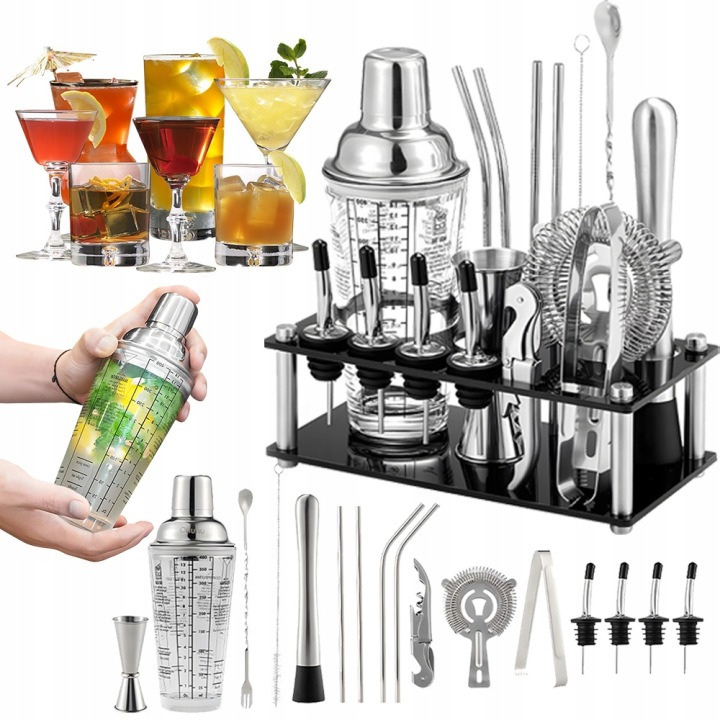 Barmanská Sada Na Koktejlové Nápoje Shaker Odměrka Lžíce Palička Ocel 17 Ks.