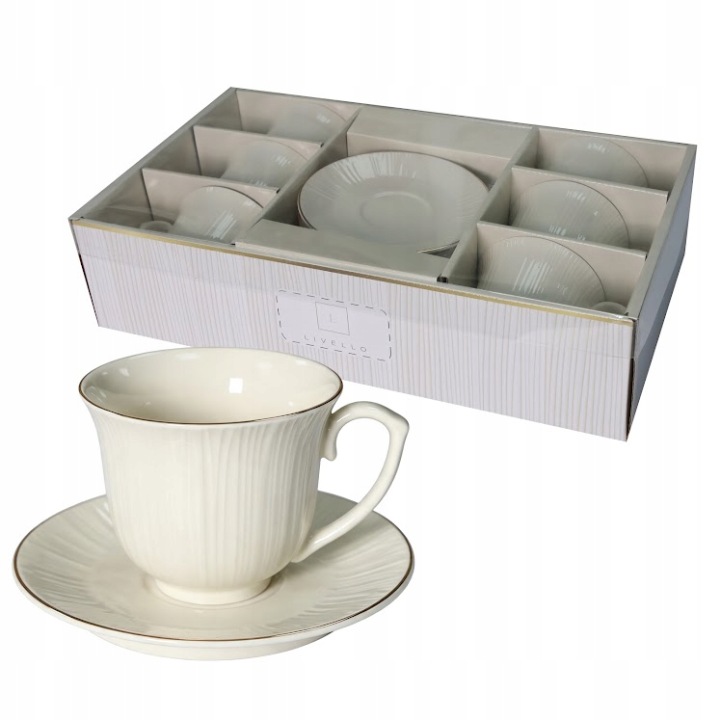Porcelánové šálky Ribelle Bílo Zlaté 250 ml 6 ks Podšálky 14 cm MR6-12