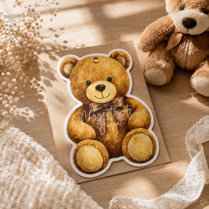 Запрошення на Хрещення Хрестини Ведмедик Хлопчик Teddy Ім'я + Конверт — фото 3