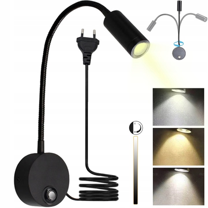 Nastavitelné Nástěnné Svítidlo Noční Lampa S Ohebným Ramenem, Černé, Nad Postel, 3 Barvy Světla Led