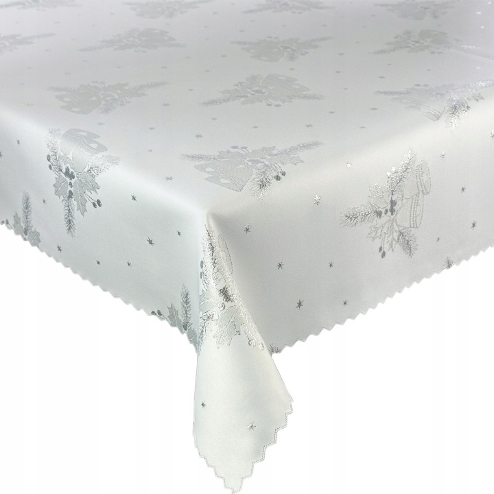 Dvoustranný ubrus odolný proti skvrnám, vánoční, bílý, stříbrný, zvonky 130 x 340 cm