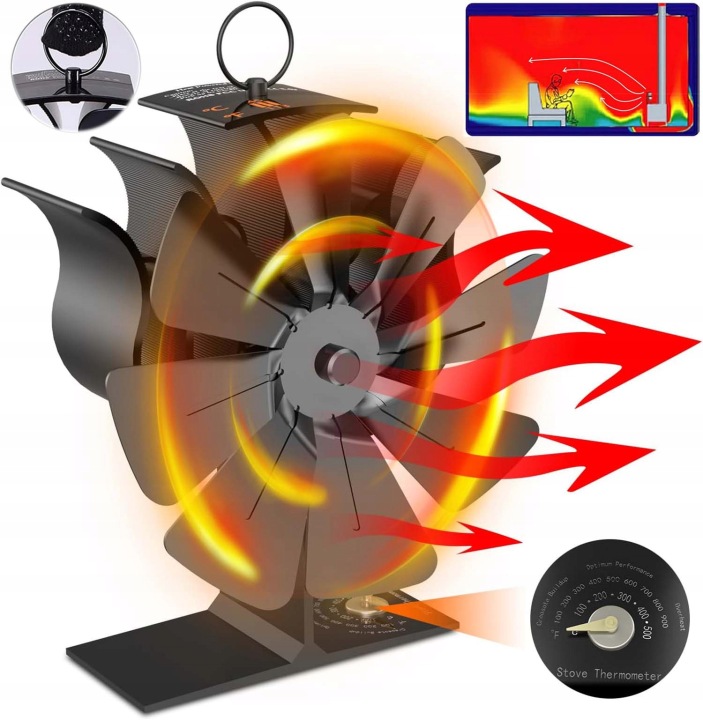 8-LOPATKOVÝ Termoelektrický Krbový Ventilátor Napájený Teplem, Černý