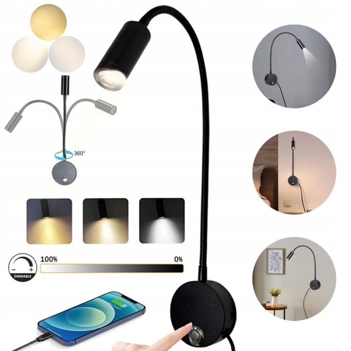 Led stolní lampička s vypínačem do ložnice na čtení, elegantní, Usb
