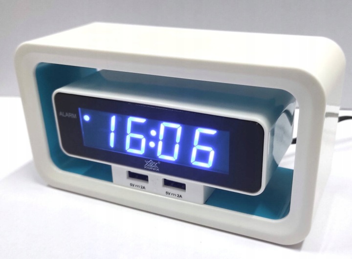 Čitelný Bílý Modrý Hodinový Led Budík Xonix 723, Dva Usb Porty, Alarm
