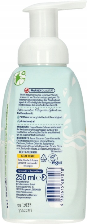 BABYDREAM Extra Sensitive Піна для миття обличчя і тіла 250 мл — фото 2