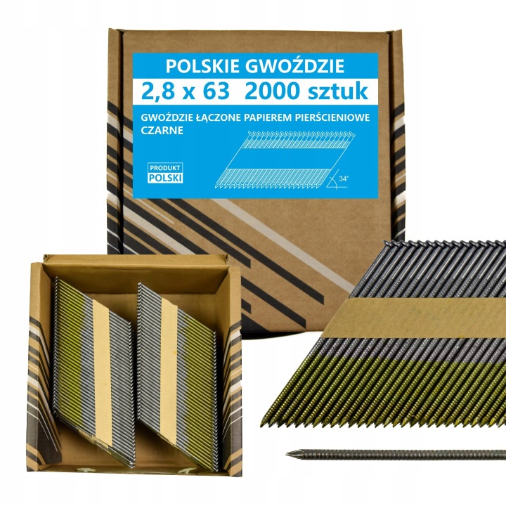 Polské hřebíky do hřebíkovačky spojené papírem 2,8x63 mm 34° 2000ks Csp