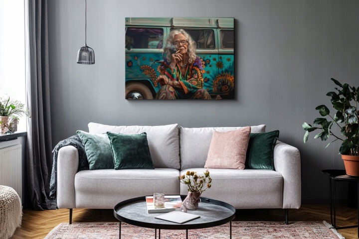 Plakát Hippie Starší Žena Barevný Van Retro 100x75