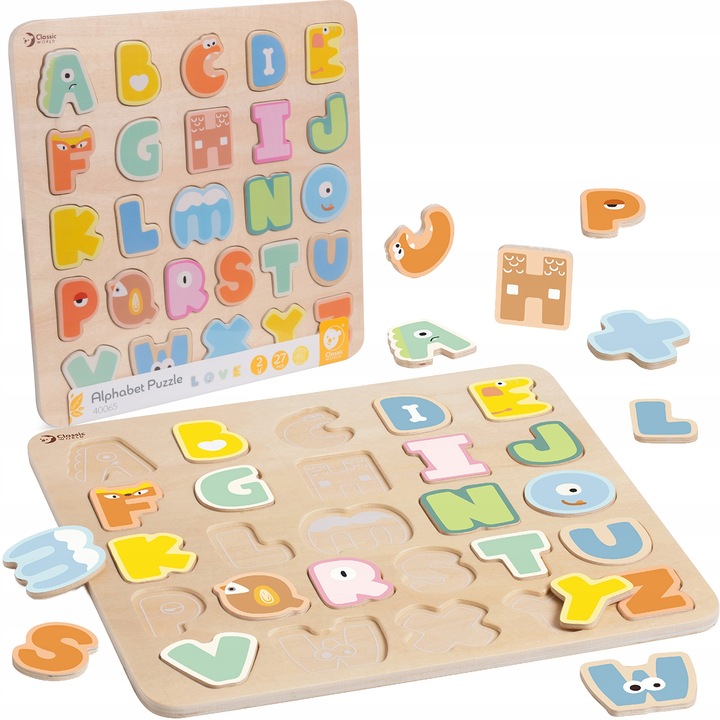 DREWNIANE PUZZLE ALFABET XXL UKŁADANKA MONTESSORI NAUKA LITER CLASSIC WORLD