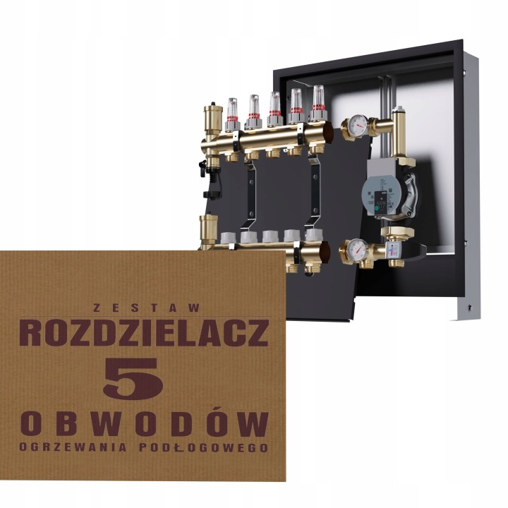 Rozdělovač pro podlahu 5 okruhů s skupinou Wilo, podomítkový box, černý