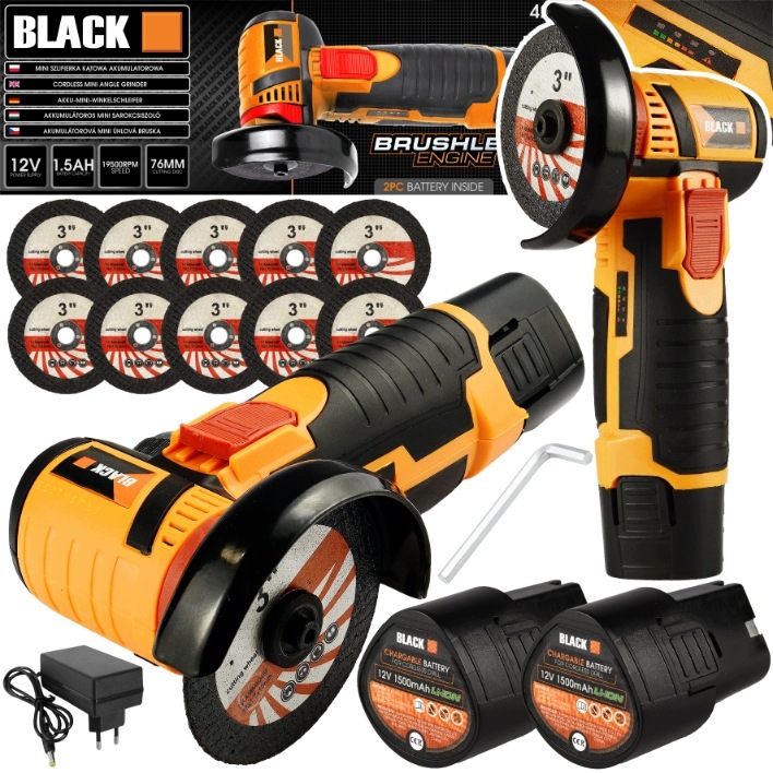 Mini Úhlová Bruska 3" Bezkartáčová Akumulátorová Black 12V 76MM 2x Aku