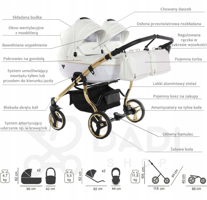 JUNAMA Individual Duo Fluo візок для близнюків 2 в 1 білий золотий 17 — фото 5