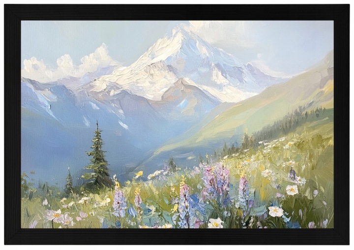 Plakát Rámeček Dřevo Krajina Hory Vrcholy Alpy Louka Květiny Jaro 60x40