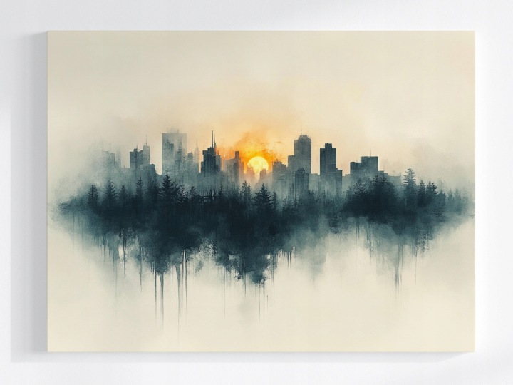 Plakát Grafika Město Panorama Slunce Les Akvarel 100x75