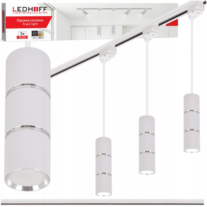 Kolejnicové osvětlení Szyna 1 m 3x Led závěsná lampa Tuba GU10 bílá Stříbrná