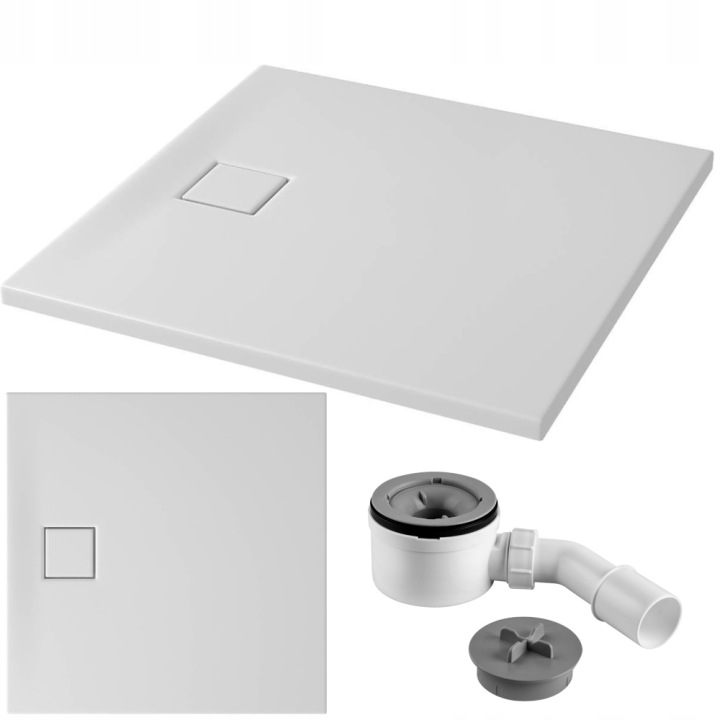 Čtvercová podlahová vanička bílá mat Tako Slim 90x90x4 Cersanit sifon