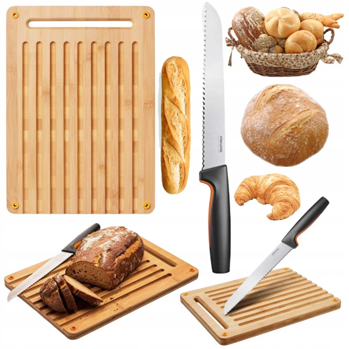 Kuchyňský Set Fiskars Nůž Na Chléb Bambusové Prkénko Na Krájení, Pevné