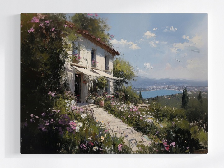 Plakát Krajina Moře Hory Dům Vila Zahrada Květiny 100x75