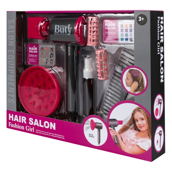 HAIRDRESSER SET FOR KIDS BATTERY OPERATED DRYER + HAIR ACCESSORIES Kid's age 3+ years