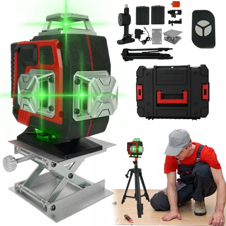 Křížový Laser Laserová Vodováha 16 Řádků Stativ 4D Zelený 2XAKU Sada