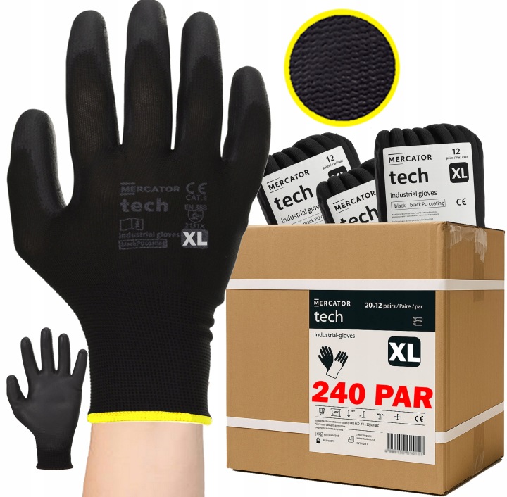 Pracovní Rukavice Tech Mercator Black Černé Polyur Lehké r.XL 240 párů