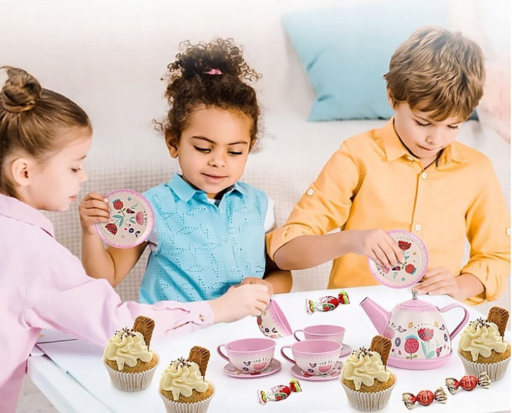 METAL TEA SERVICE FOR CHILDREN COFFEE SET CUPS + CHEST Brand click4TOYS