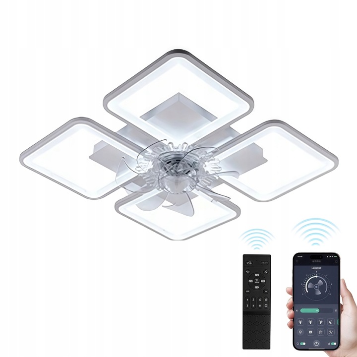 Stropní Ventilátorová Lampa Bílá S Větrákem Čtverec Stropní Svítidlo Led S Dálkovým Ovládáním